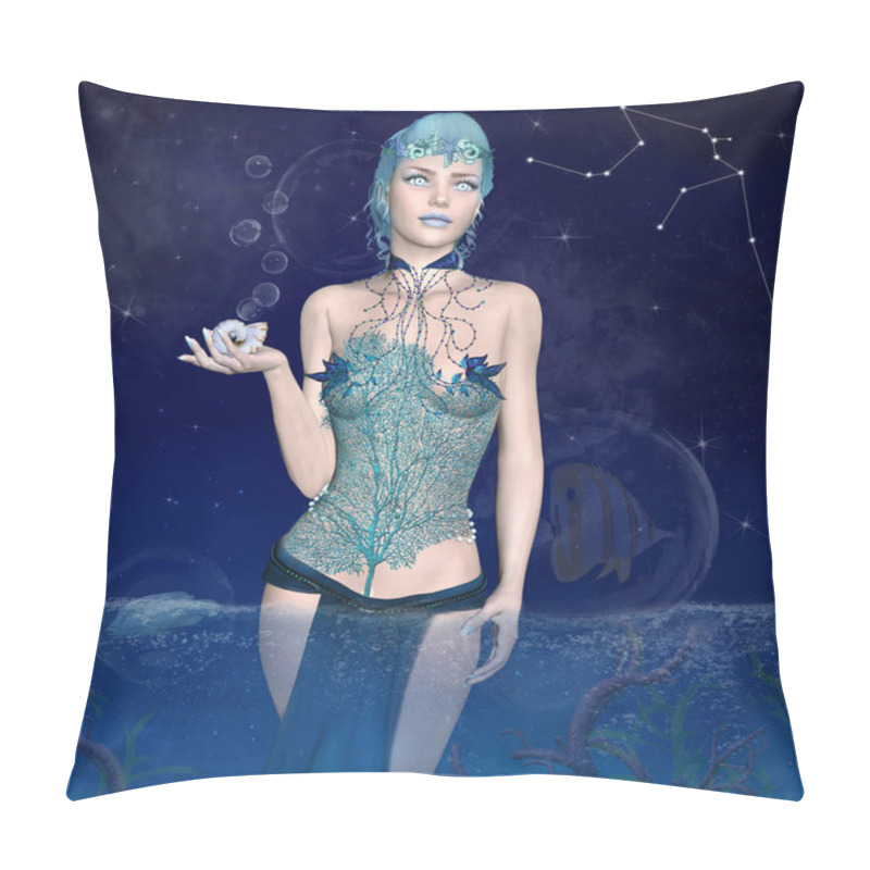 Personality  Zodiac Series - Aquarius As A Beautiful Woman With Shell In Her Hand And A Coral Corset - 3D Illustration Pillow Covers