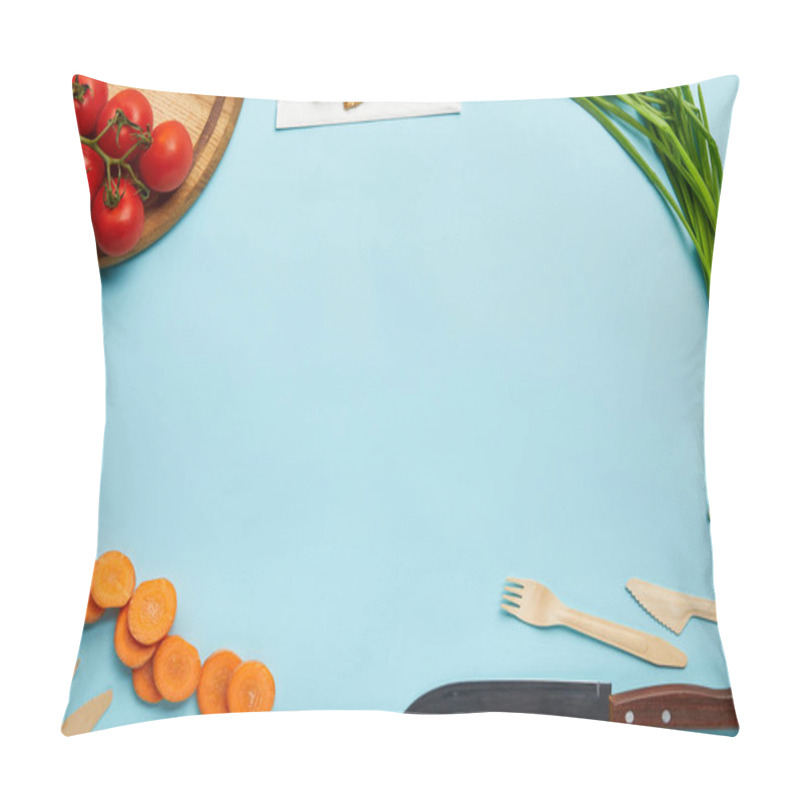 Personality  Top View Of Assorted Fresh Vegetables, Cookies And Cutlery Isolated On Blue Pillow Covers