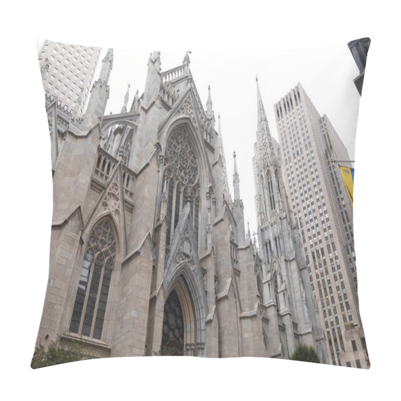 Personality  Low Angle View Of Ancient St Patricks Cathedral Near Modern Skyscrapers In New York City Pillow Covers