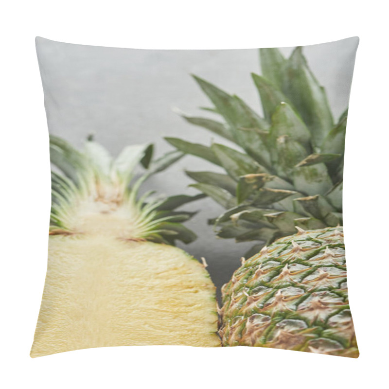 Personality  Selective Focus Of Whole And Half Of Pineapple On Grey Background  Pillow Covers