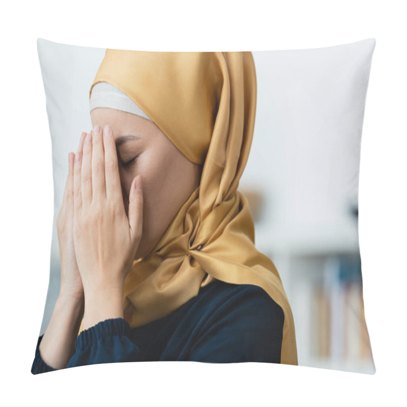 Personality  Asian Woman In Hijab Covering Face While Praying At Home  Pillow Covers