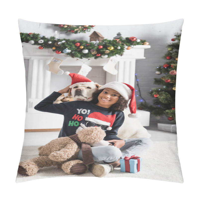 Personality  Happy African American Girl Sitting On Floor With Teddy Bear And Hugging Labrador Dog On Blurred Background Pillow Covers