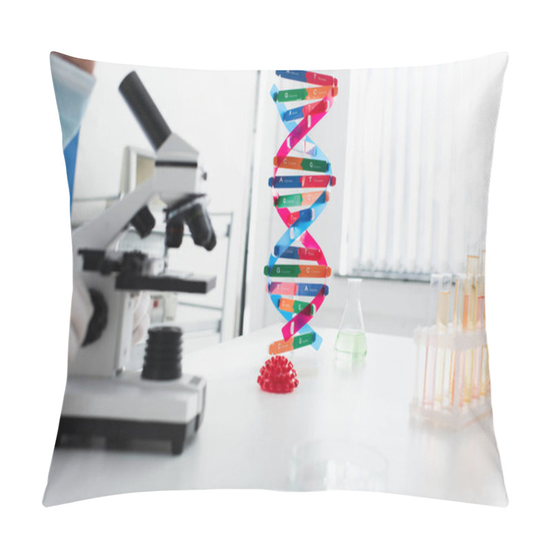 Personality  Cropped View Of Scientist In Medical Mask Working With Microscope Near Dna And Coronavirus Bacteria Models Pillow Covers