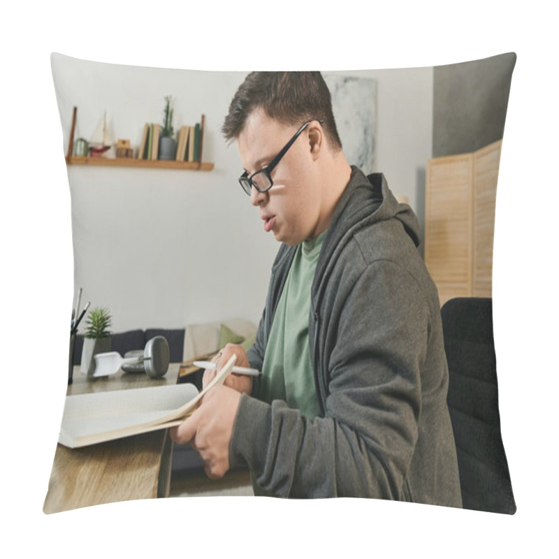 Personality  A Young Man With Down Syndrome Focuses On His Writing, Surrounded By A Warm And Inviting Home Environment. Pillow Covers