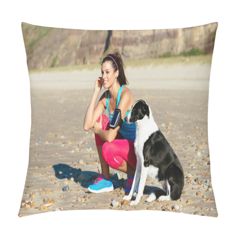 Personality  Fitness Woman And Dog On Beach Pillow Covers