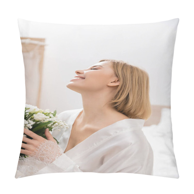 Personality  Happiness, Cheerful Bride With Blonde Hair Sitting On Bed And Holding Bridal Bouquet, Young Woman In White Robe, Beautiful, Excitement, Feminine, Blissful, Wedding Preparation, White Flowers  Pillow Covers