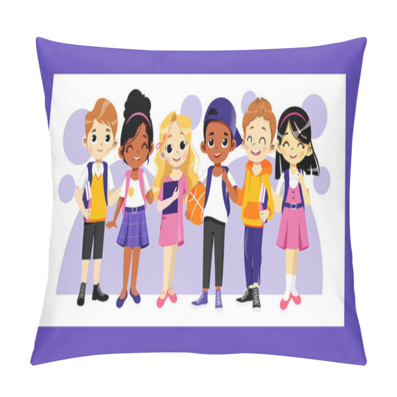 Personality  Concept Of Back To School. Multi Ethnic Teens Set. Kids Ready To Study In New Academic Year. Happy Children Standing In A Row. Boys And Girls With School Items. Cartoon Flat Style Vector Illustration Pillow Covers