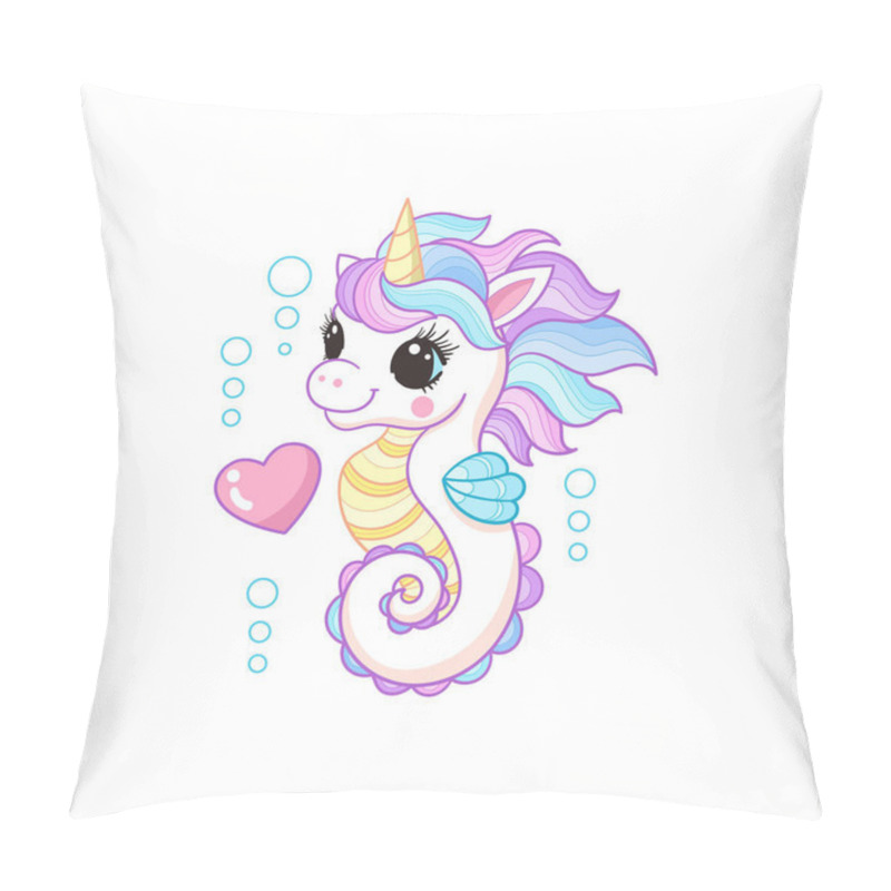 Personality  Cute Sea Unicorn With A Rainbow Mane And A Heart. Isolated On A White Background. For Childrens Design Of Prints, Posters, Cards, Stickers, T-shirts, Cups, Puzzles, Etc. Vector Illustration Pillow Covers