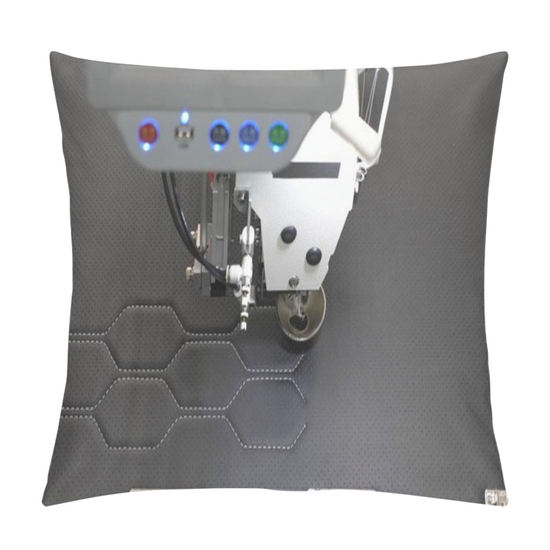 Personality  Robotics Works In The Tailoring Production Line. Robot Sewing Machine. Automatic Sewing Machine. The Computer Controls The Sewing Machine. Needle Embroidery Pattern On Artificial Leather. Pillow Covers