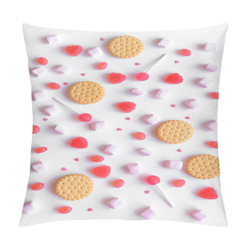 Personality  Pink Candies, Cookies And Marshmallows Pattern On White Background. Various Pink Sweets For Valentine Day As Backdrop, Top View. Pillow Covers