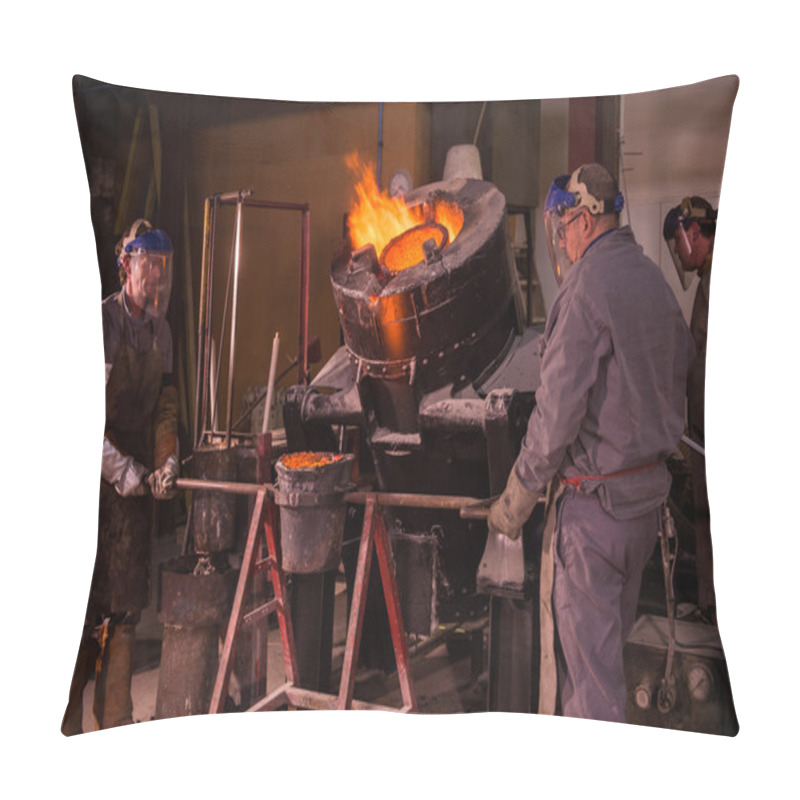 Personality  Steel Worker In Protective Clothing Raking Furnace In An Industr Pillow Covers