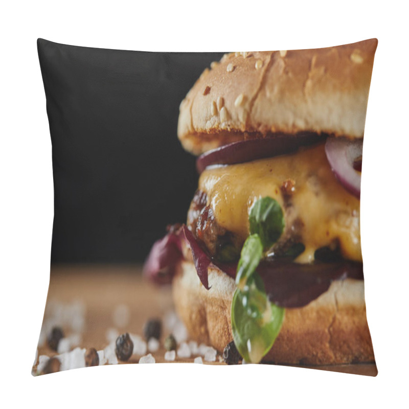 Personality  Close Up Of Salt And Delicious Burger With Meat, Cheese And Onions Pillow Covers