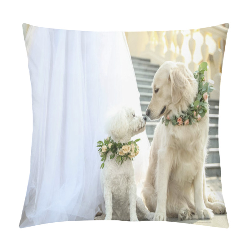 Personality  Bride And Adorable Dogs Wearing Wreathes Made Of Beautiful Flowers Outdoors, Closeup Pillow Covers