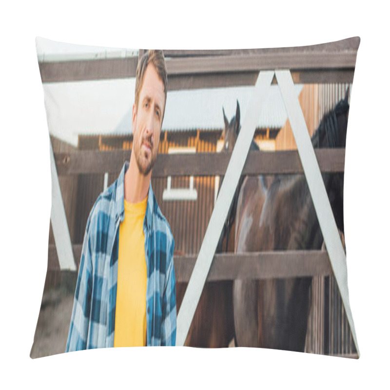 Personality  Panoramic Crop Of Farmer In Checkered Shirt Looking At Camera While Standing Near Corral With Horses Pillow Covers