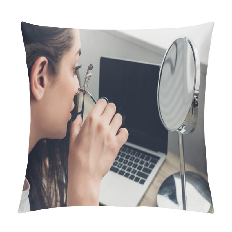 Personality  Close-up Portrait Of Young Transgender Woman Doing Makeup With Lash Curler At Home Pillow Covers