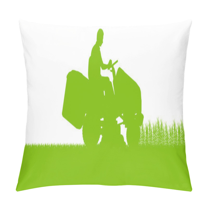 Personality  Man With Lawn Mower Tractor Cutting Grass In Field Landscape Abs Pillow Covers