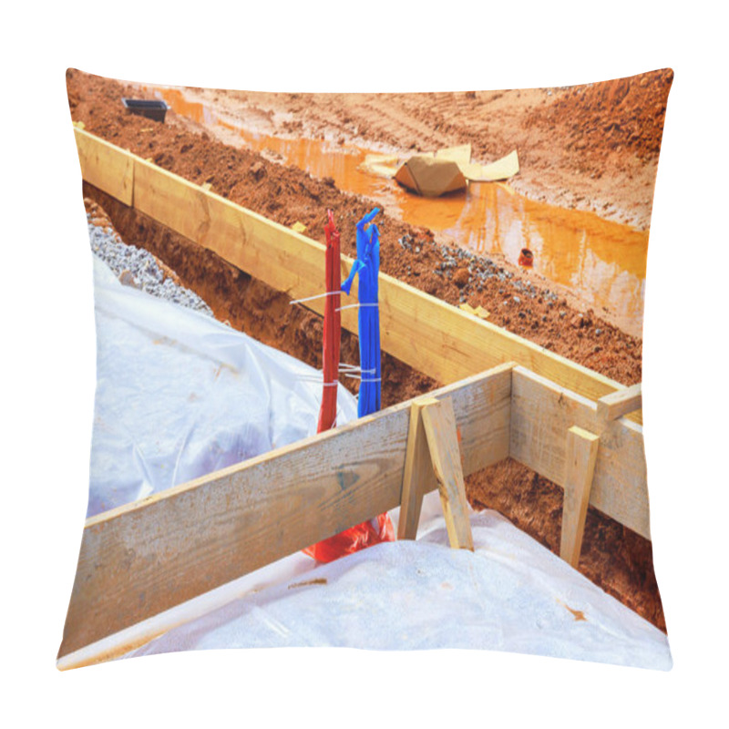 Personality  Construction Site Place Wooden Frames Into Freshly Dug Ground, While Plastic Boundaries Area Is Preparation Foundation Pillow Covers