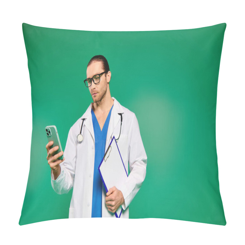 Personality  Handsome Doctor In White Robe Holds Cell Phone On Green Backdrop. Pillow Covers