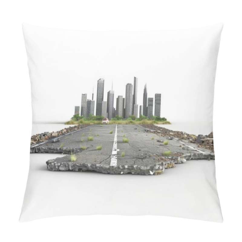 Personality  An Abandoned Road Leads To A Modern City Skyline, Symbolizing The Contrast Between Decay And Urban Growth. Pillow Covers