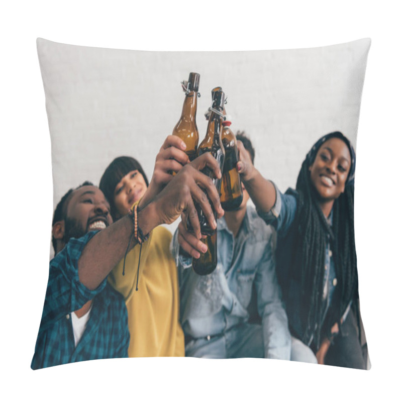 Personality  Smiling Multicultural Friends Clinking Bottles Of Beer  Pillow Covers