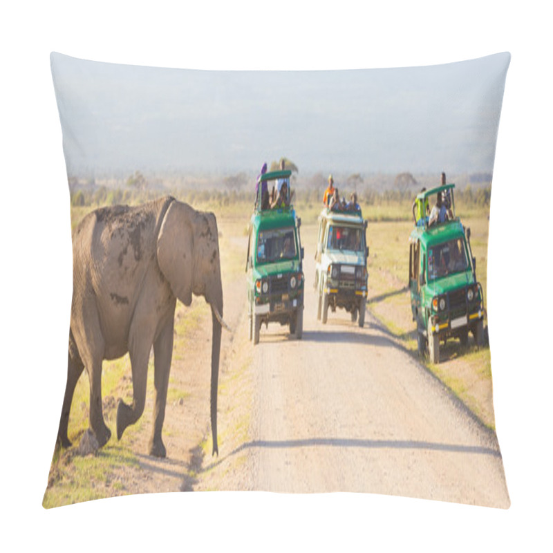 Personality  Elephantt Crossing Dirt Roadi In Amboseli, Kenya. Pillow Covers