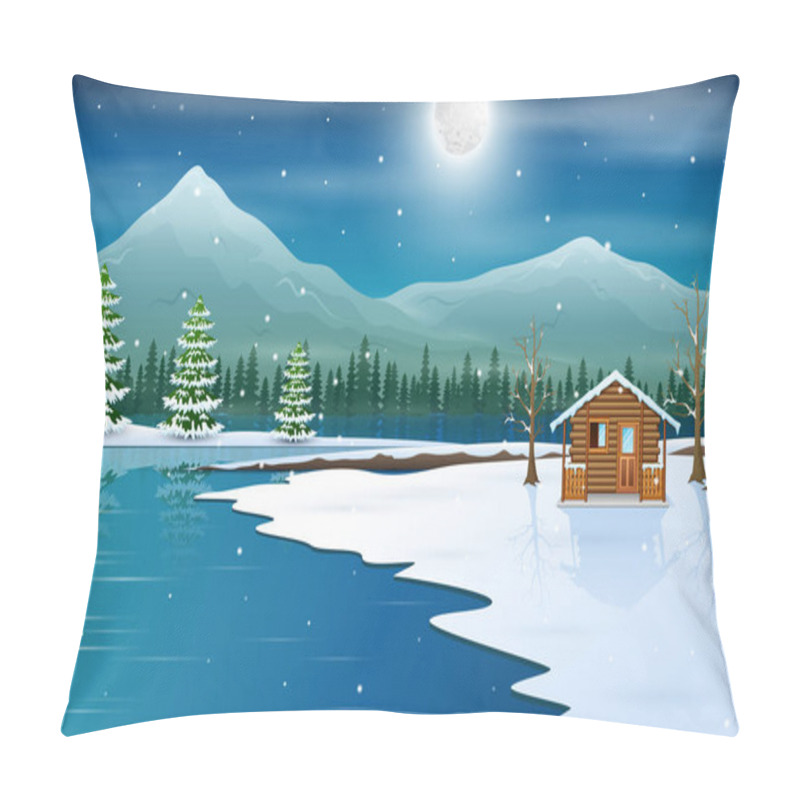 Personality  Winter Landscape With A Wooden Small House By The Lake Pillow Covers