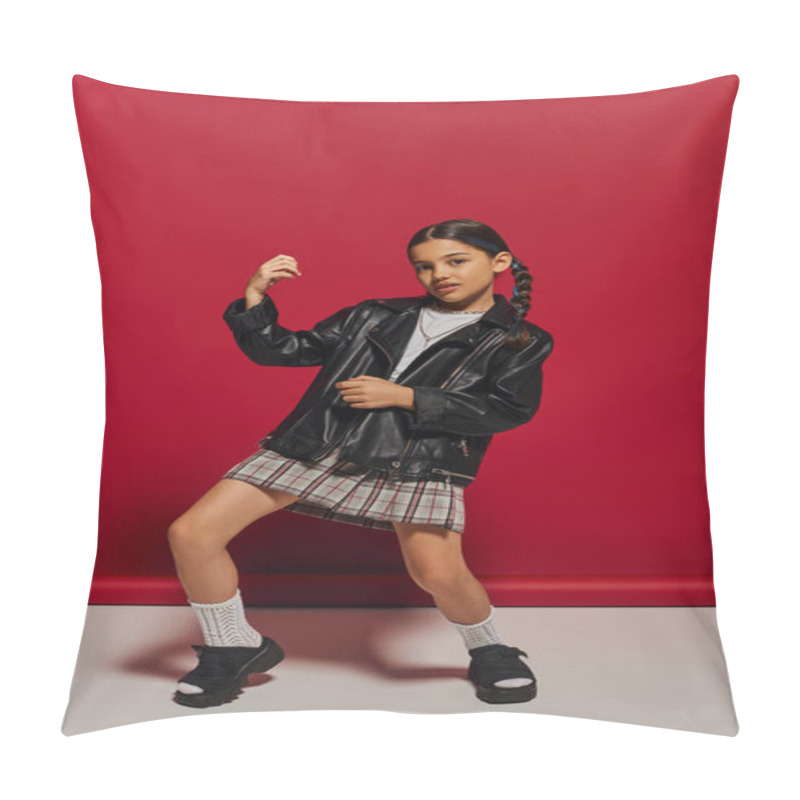 Personality  Full Length Of Trendy And Confident Preadolescent Girl With Hairstyle Posing In Leather Jacket And Plaid Skirt While Standing On Red Background, Stylish Preteen Outfit Concept Pillow Covers