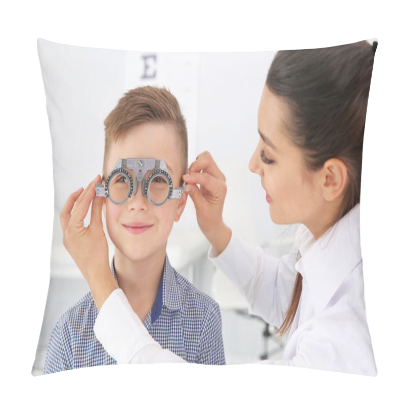 Personality  Children's Doctor Putting Trial Frame On Little Boy In Clinic. Eye Examination Pillow Covers