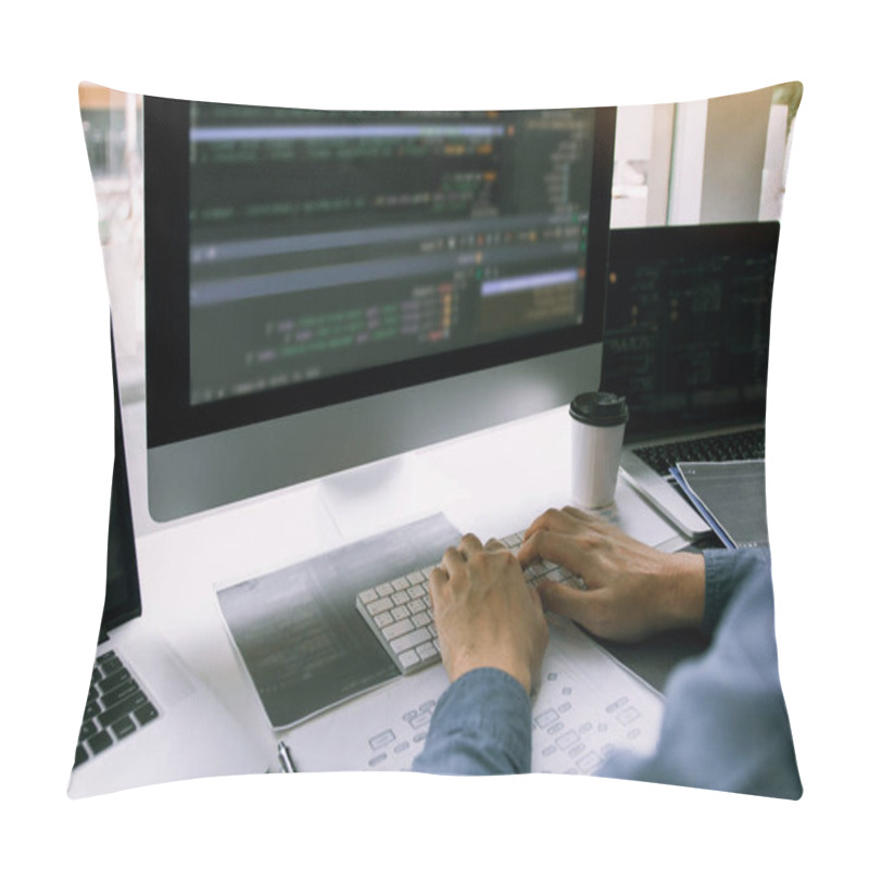 Personality  Asian Man Working Code Program Developer Computer Web Development Working Design Software On Desk In Office. Pillow Covers