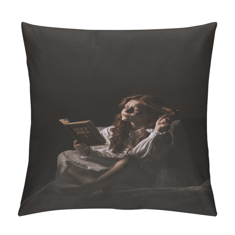 Personality  Thoughtful Demoniacal Woman Reading Holy Bible On Bed Pillow Covers