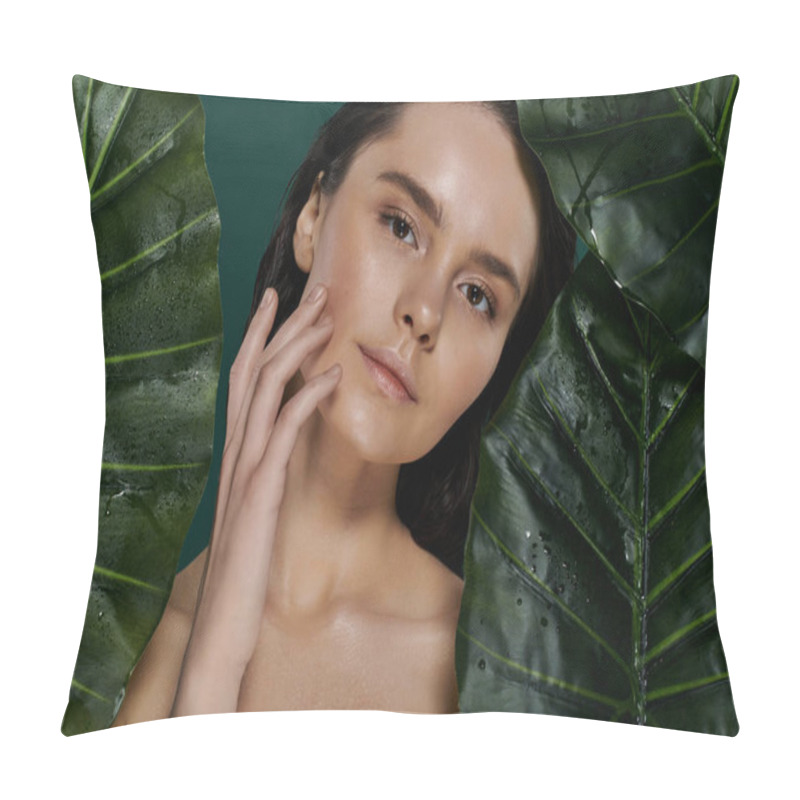 Personality  A Woman With Dark Hair Poses Amidst Vibrant Green Leaves, Creating A Beautiful And Natural Scene. Pillow Covers