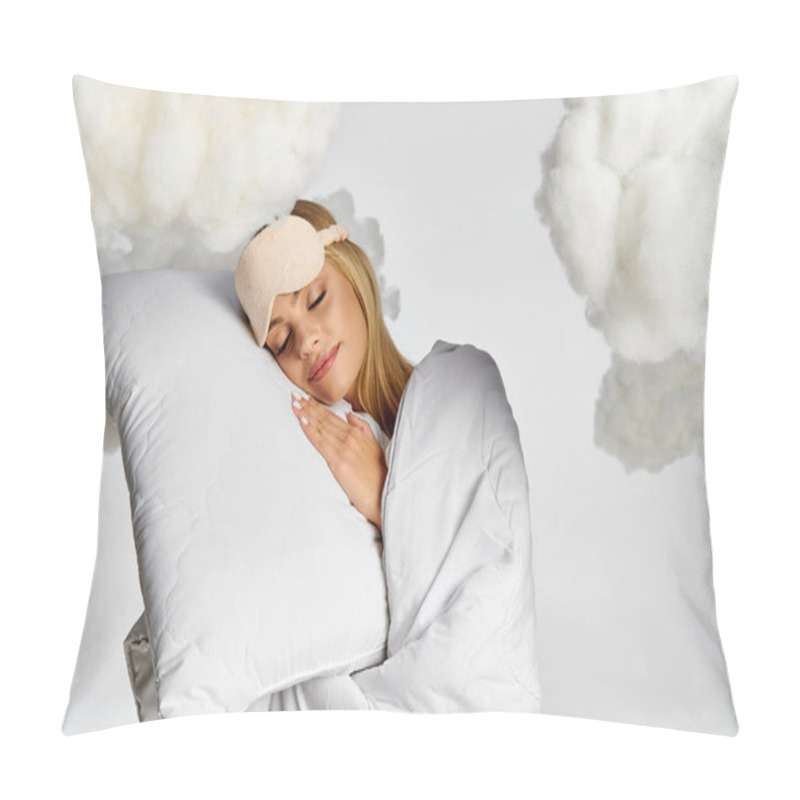 Personality  Blonde Woman In Pyjamas Lies On Cloud Pillow With Serene Expression. Pillow Covers