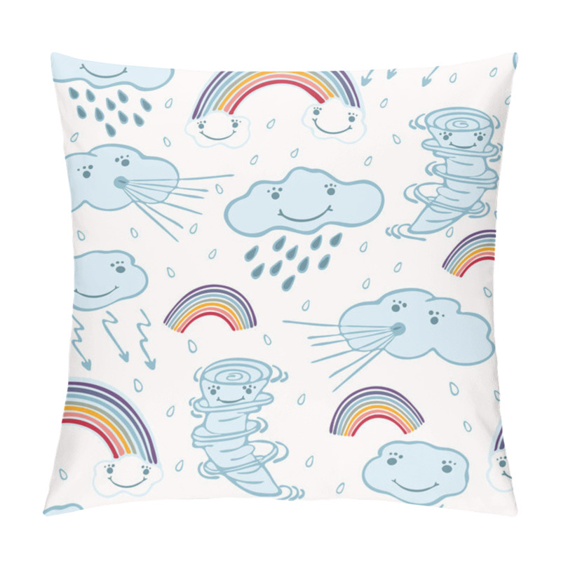 Personality  Cute Vector Cartoon Weather Clouds And Rainbow . Seamless Repeat Pattern With Thunder, Rain, Lightening , Tornado Twister. Flat Color In Kawaii Happy Face Style For Kids. Pillow Covers