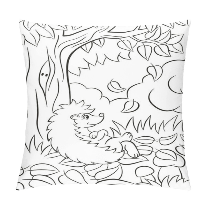 Personality  Little Cute Kind Hedgehog Sits Near The Tree And Smiles. Pillow Covers