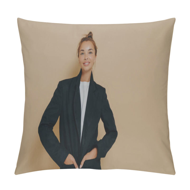 Personality  Stylish Caucasian Business Woman In Black Suit With Hair Tied Up In High Bun And With Light Makeup Posing On Beige Background In Studio. Fashion Style Body Length Studio Portrait. Career Concept Pillow Covers