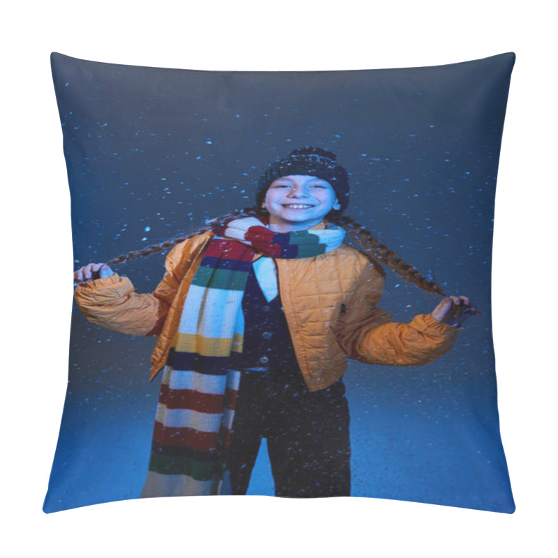 Personality  A Cheerful Girl Stands Amid Gently Falling Snow, Showcasing Warm Winter Clothes With Joy. Pillow Covers