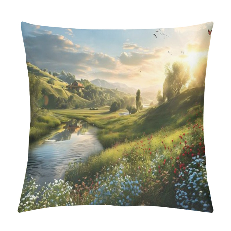 Personality  A Stunning Countryside Natural Landscape With Rolling Hills, A Meandering River, And A Colorful Field Of Wildflowers Pillow Covers