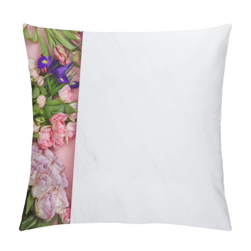 Personality  Top View Of Beautiful Fresh Roses, Tulips And Irises On Pink And White Background  Pillow Covers