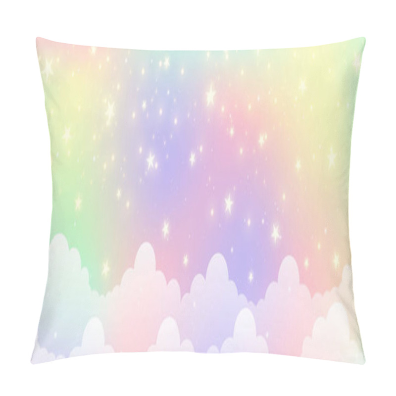 Personality  Cloudy Sky Background. Unicorn Fantasy Pastel Galaxy. Rainbow Cute Wallpaper. Fluffy Magic Pink Landscape. Vector Illustration. Pillow Covers