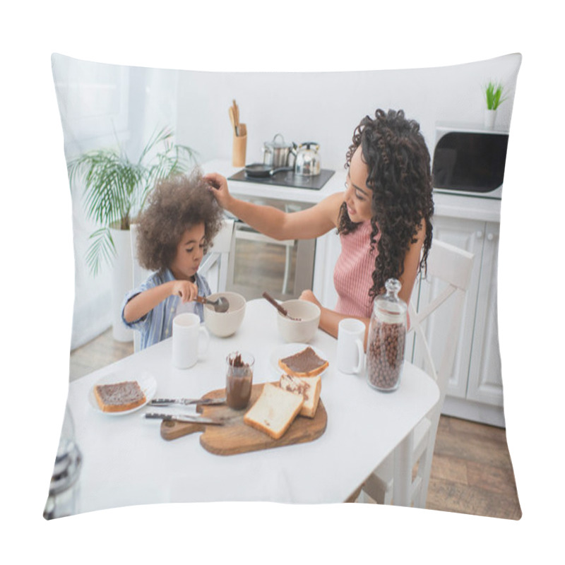 Personality  Smiling African American Woman Touching Child Eating Cereals Near Breakfast At Home  Pillow Covers