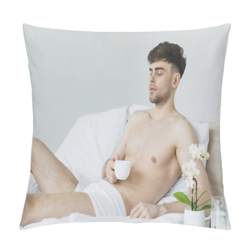 Personality  Pensive Handsome Man Holding Man Holding Coffee Cup While Lying On White Bedding In Underwear Pillow Covers