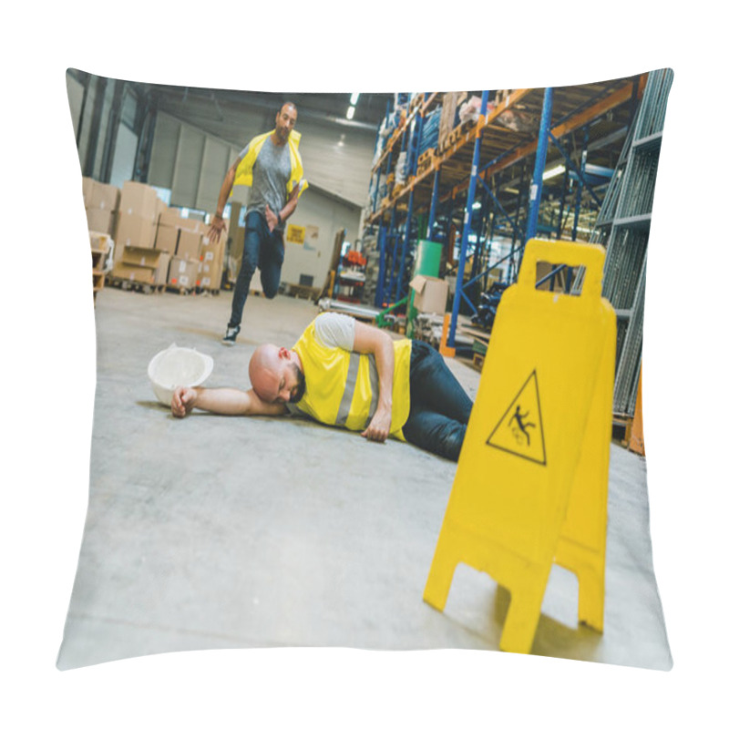 Personality  Injured Storehouse Worker Being Rescued Bu His Colleague Pillow Covers