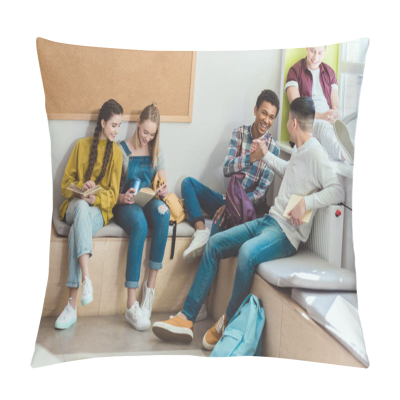 Personality  Multicultural Group Of High School Teenage Students Reading Books During School Break  Pillow Covers