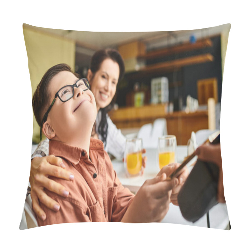 Personality  Adorable Inclusive Boy With Down Syndrome Paying With Smartphone In Cafe Near His Joyous Mother Pillow Covers