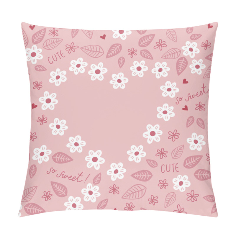 Personality  Little White And Pink Flowers And Messy Leaves On Blooming Meadow Seasonal Floral Love Card On Pink Background Pillow Covers