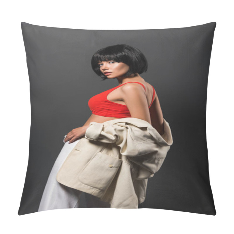 Personality  Seductive Young Woman With Bobbed Hair In Red Crop Top And Jacket Looking At Camera Isolated On Grey Pillow Covers