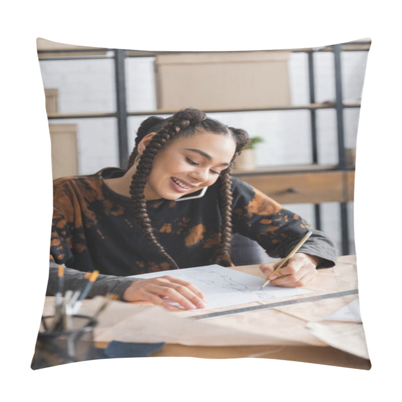 Personality  Smiling African American Designer Talking On Smartphone And Drawing Sketch In Workshop  Pillow Covers