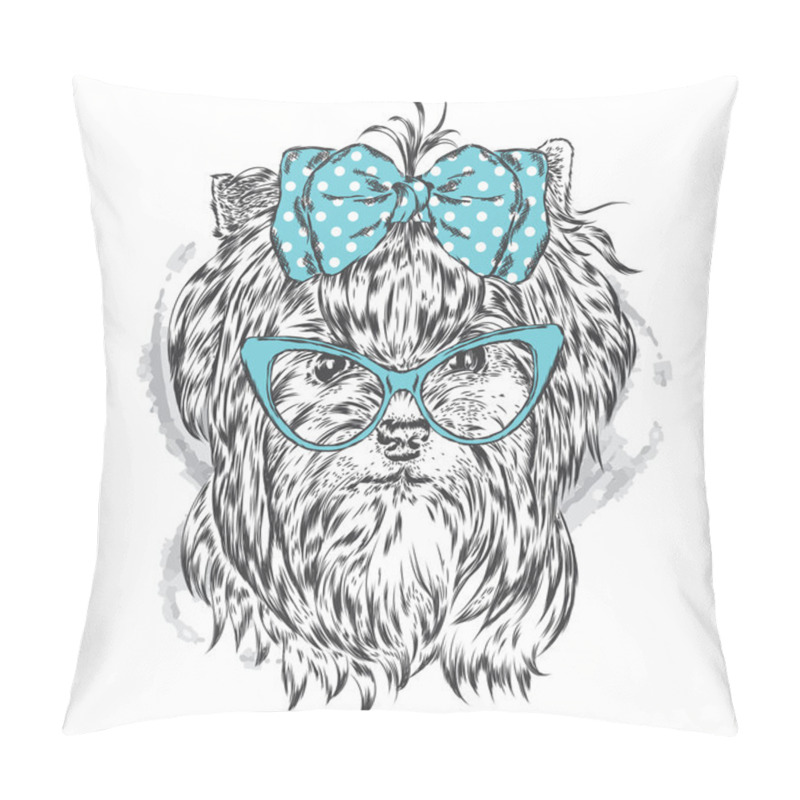 Personality  Cute Yorkshire Terrier With Bow And Glasses. Vector Illustration For A Card Or Poster. Print On Clothes. Beautiful Dog. Pillow Covers