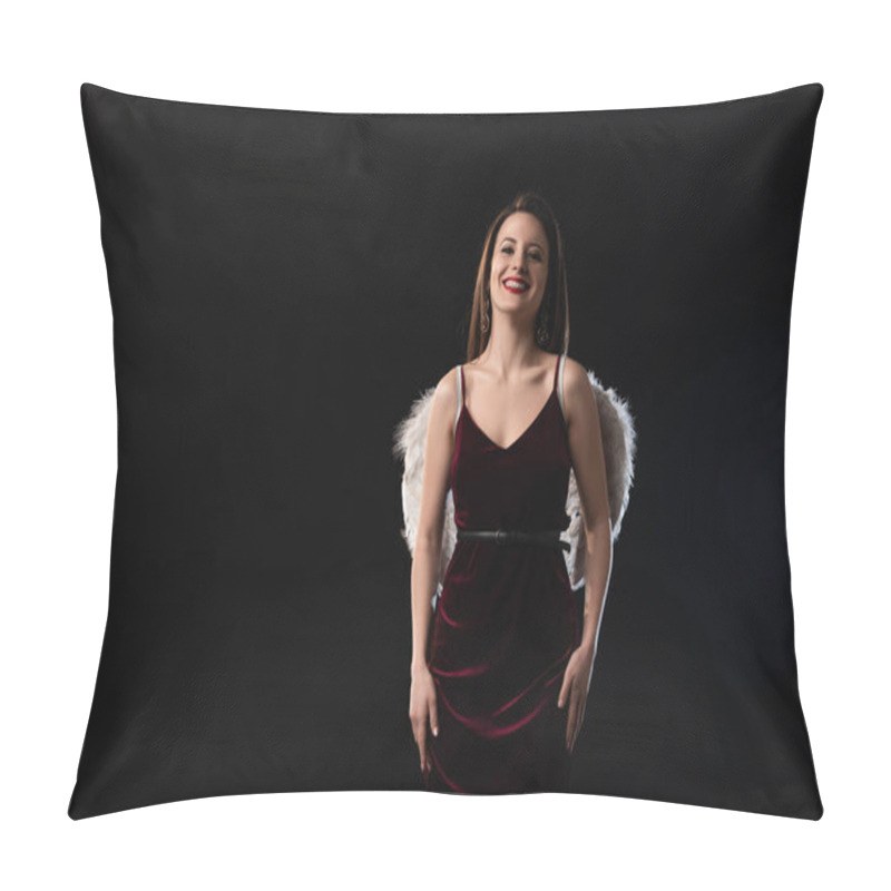 Personality  Smiling Woman In Dress With Wings Looking At Camera Isolated On Black Pillow Covers