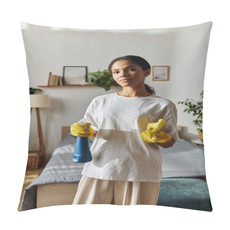 Personality  In A Stylish Apartment, A Young Woman Does Her Chores While Equipped For Cleaning Tasks. Pillow Covers